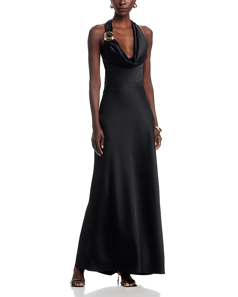 Betsy & Adam Long Satin Draped Halter Dress