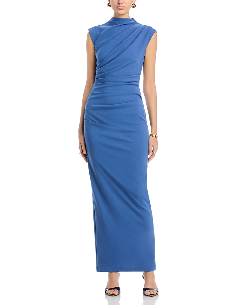 Betsy & Adam Long Scuba Crepe Ruched Mock Neck Dress