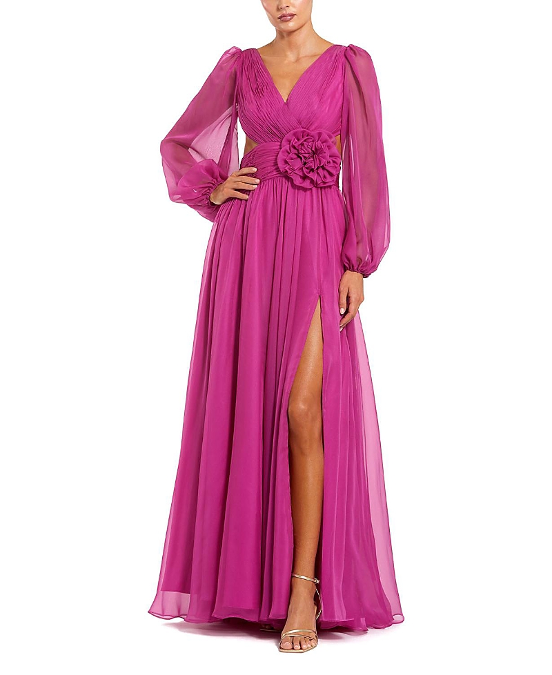 Mac Duggal Long Sleeve V Neck Chiffon Gown with 3D Flower