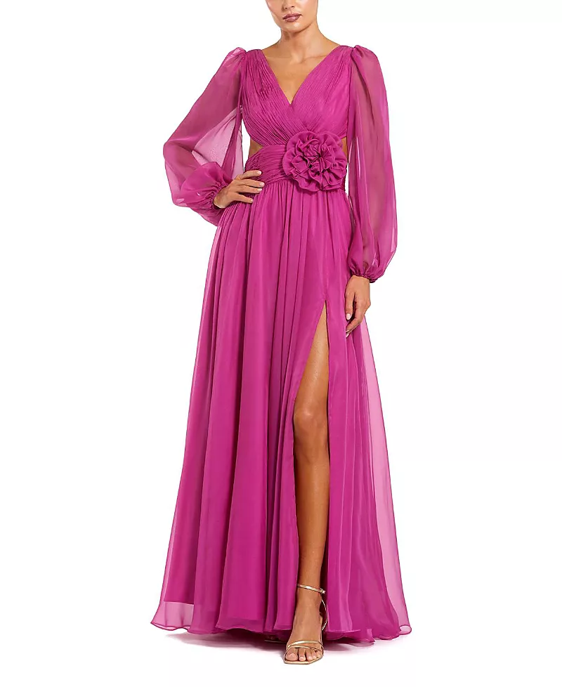 Mac Duggal Long Sleeve V Neck Chiffon Gown with 3D Flower