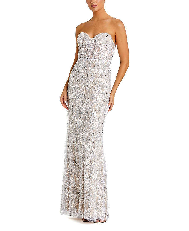 Mac Duggal Embellished Applique Strapless Bustier Gown