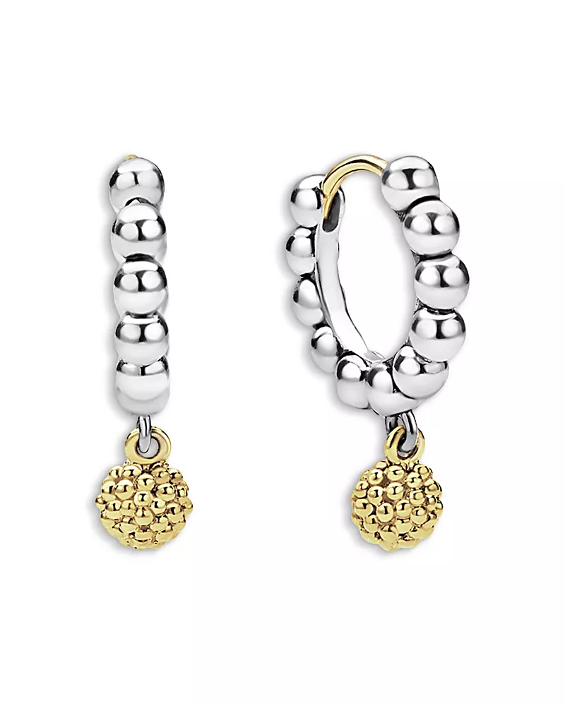 Lagos 18K Yellow Gold & Sterling Silver Caviar Icon Ball Dangle Beaded Hoop Earrings