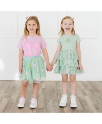 Girls' Flocked Shamrock St. Patrick's Day Tiered Short Sleeve Tutu Dress - Baby, Little Kid, Big Kid
