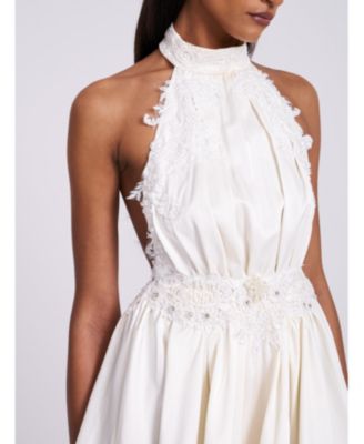  Idalia Beaded Lace Trim Backless Halter Mini Dress