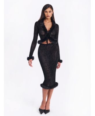 Halia Burnout Velvet Stretch Mesh Faux Fur Trim Skirt