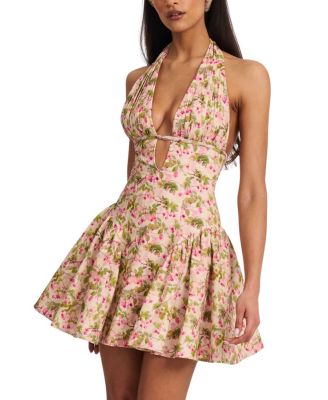 Mackenzie Floral Print Halter Linen Cotton Mini Dress