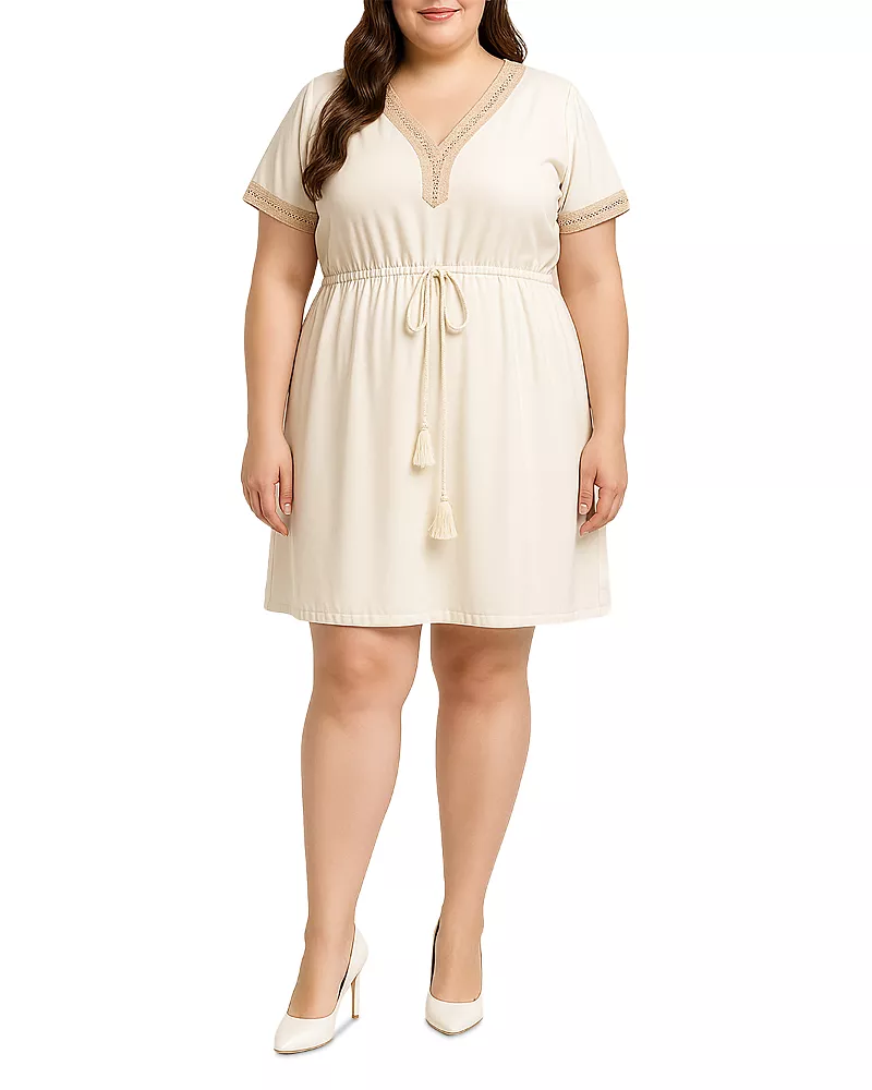 standards & practices Plus V Neck Lace Trim Short Sleeve Mini Dress