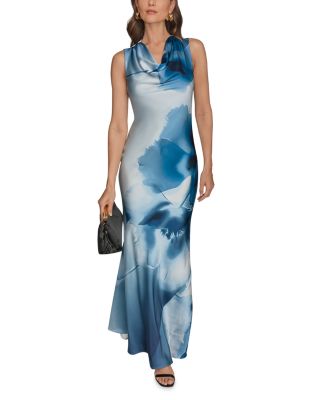 Printed Charmeuse Cowl Neck Gown