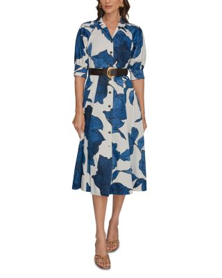 Printed Elbow Sleeve Belted Shirt Dress