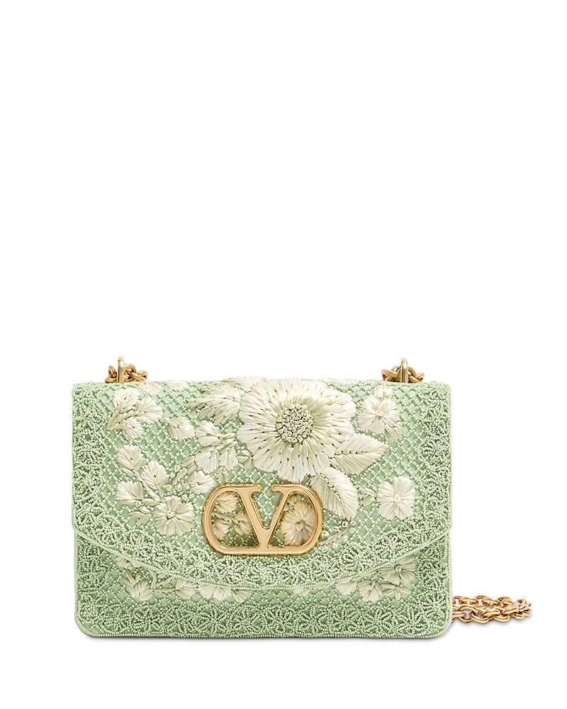 Valentino Garavani Raffia Flower & Beaded Green Shoulder Bag