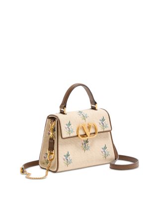 Small VLogo Floral Embroidered Linen Handbag