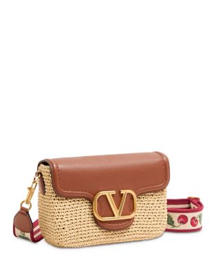 VLogo Leather & Crochet Raffia Shoulder Bag