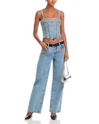 Scottie Crystal Embellished High Rise Wide Leg Jeans in Malibu