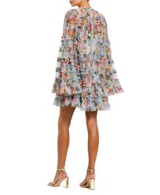  Printed Mesh Ruffle High Neck Mini Dress