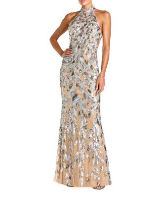 Sequin Halter Column Gown with Open Back