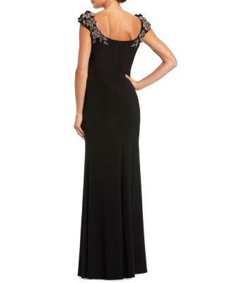 Jersey Scoop Neck Gown with 3D Flower Details