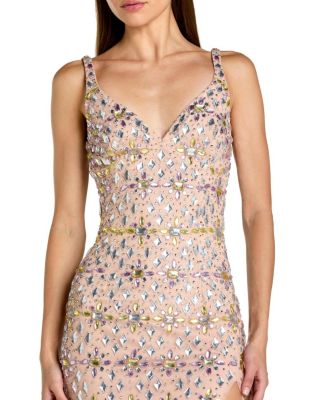  Beaded Sweetheart Neck Column Gown with Slit