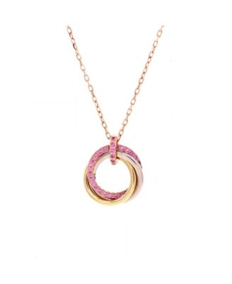  Medium Trinity Pendant Necklace 18K Tricolor Gold with Pave Pink Sapphires, 16.5"