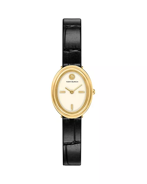 Tory Burch Oval Black Leather-Strap Watch