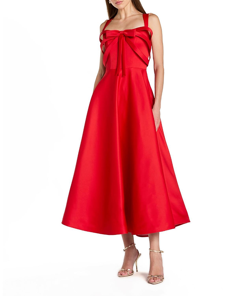 Mac Duggal Satin Sleeveless A-Line Ankle Dress with Bow