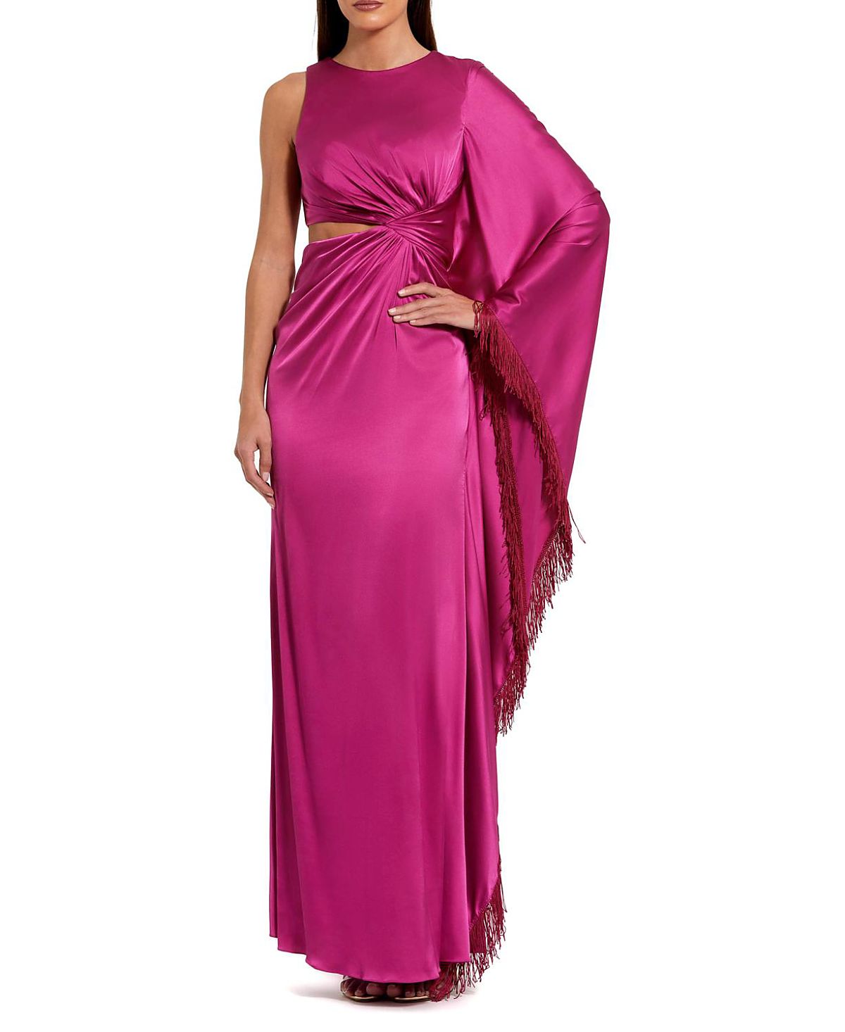 Mac Duggal Charmeuse Kaftan Sleeve Assymetrical Fringe Gown