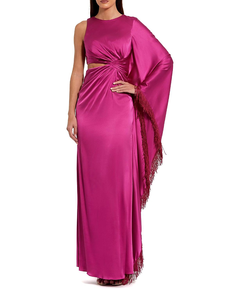 Mac Duggal Charmeuse Kaftan Sleeve Assymetrical Fringe Gown