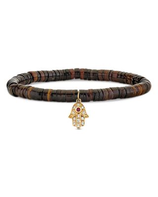 14K Yellow Gold The Solara Heishi Rondelle & Diamond & Ruby Hamsa Hand Charm Bead Bracelet