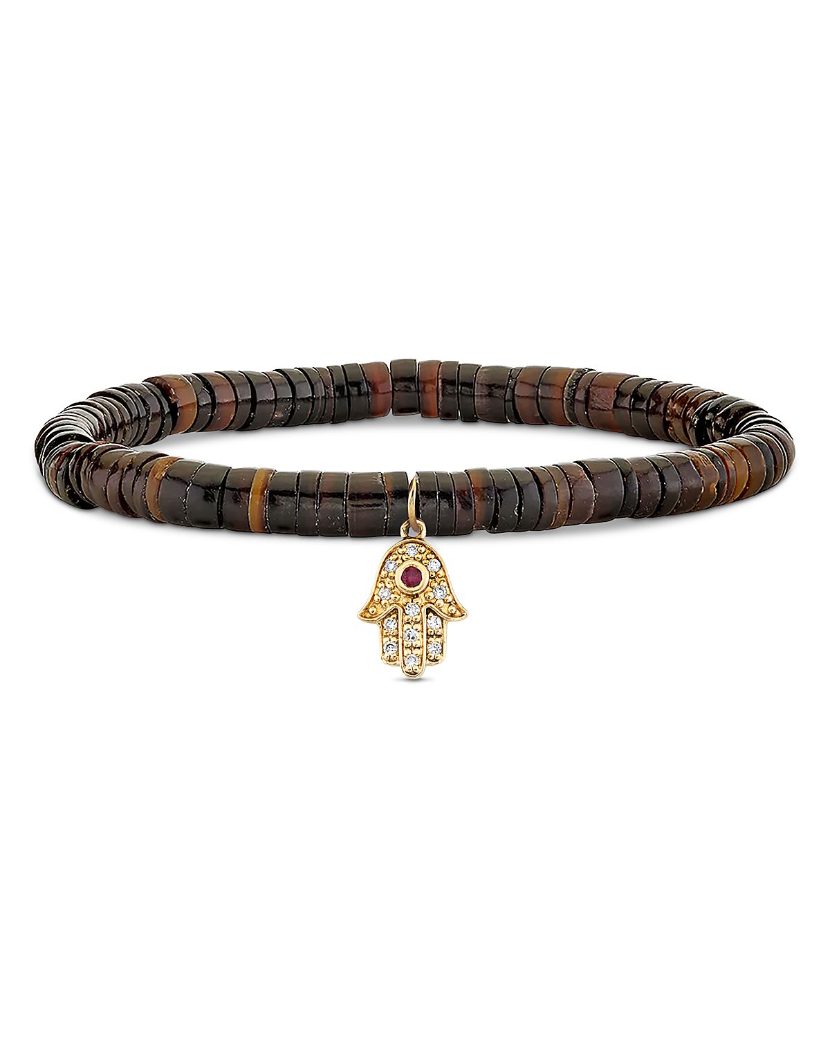 Sydney Evan 14K Yellow Gold The Solara Heishi Rondelle & Diamond & Ruby Hamsa Hand Charm Bead Bracelet