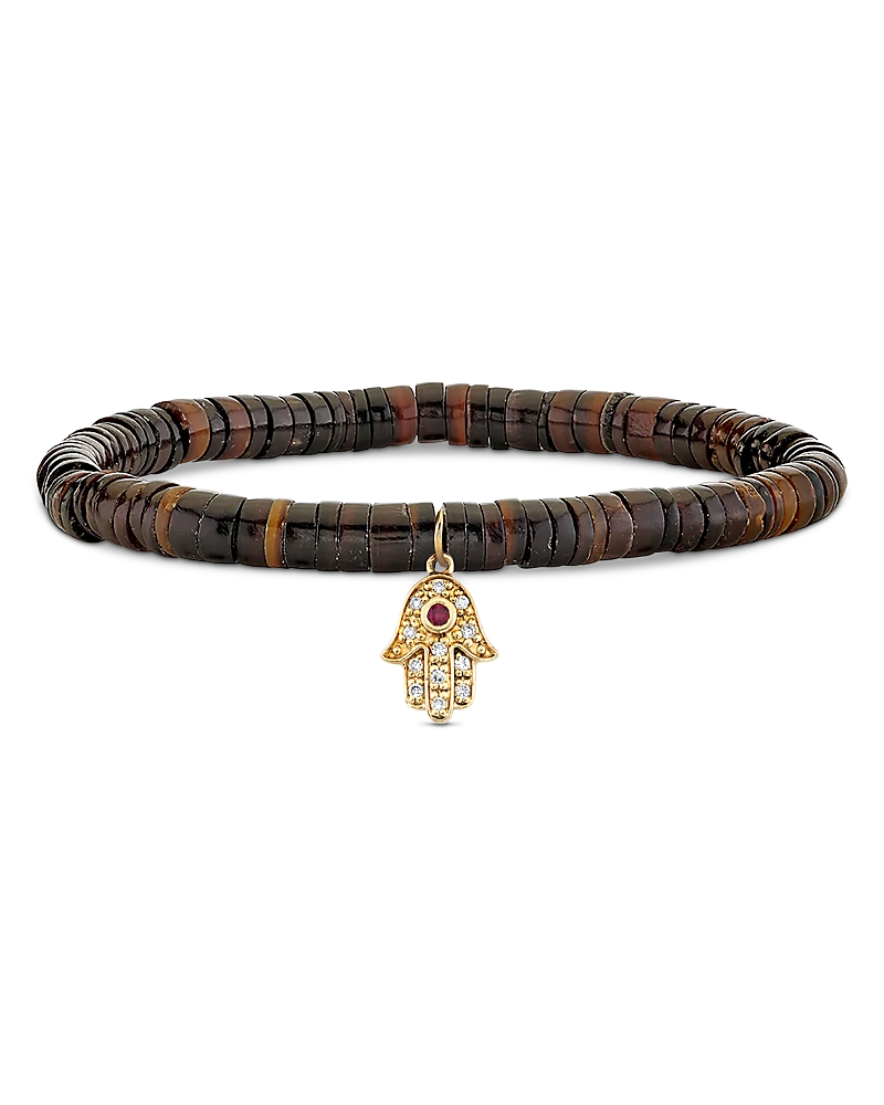 Sydney Evan 14K Yellow Gold The Solara Heishi Rondelle & Diamond & Ruby Hamsa Hand Charm Bead Bracelet