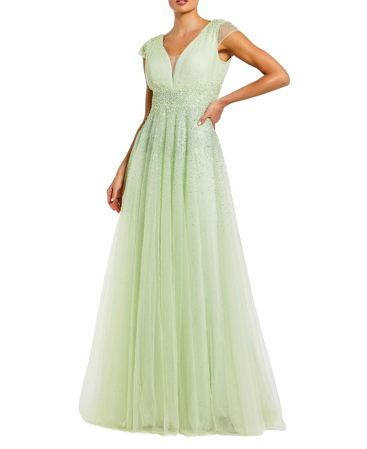 Mac Duggal Embellished Tulle Cap Sleeve V Neck Gown