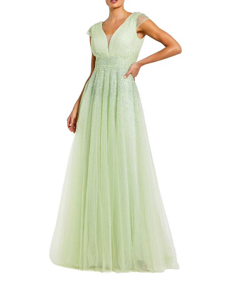 Mac Duggal Embellished Tulle Cap Sleeve V Neck Gown