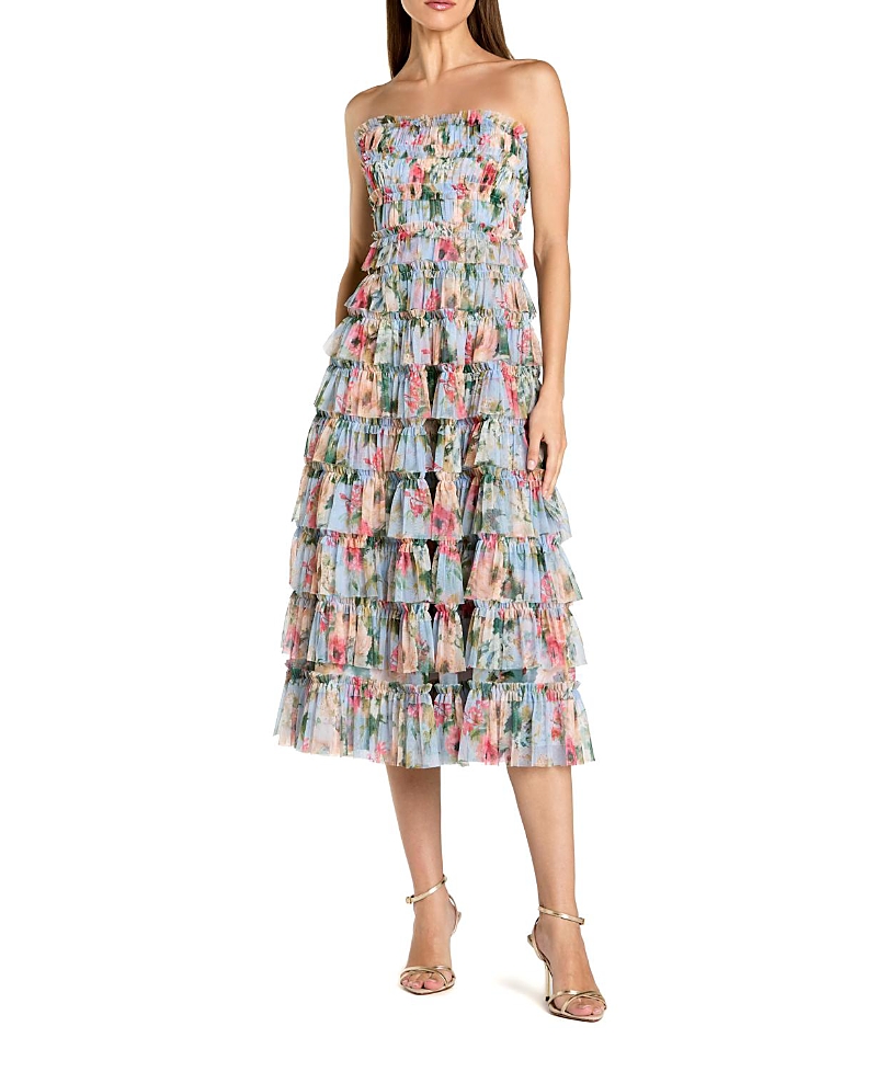 Mac Duggal Ruffle Mesh Strapless Midi Dress