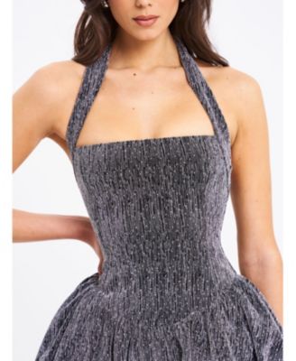 Naomie Crystal Embellished Bubble Hem Halter Mini Dress
