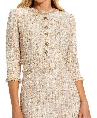  Petite Beige Beaded Trim Boucle Midi Dress with 3/4 Sleeves