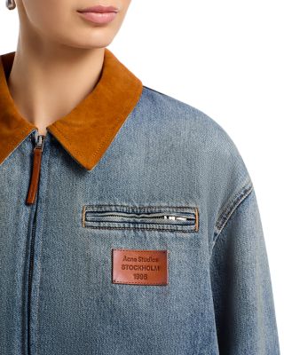 Leather Collar Denim Bomber Jacket