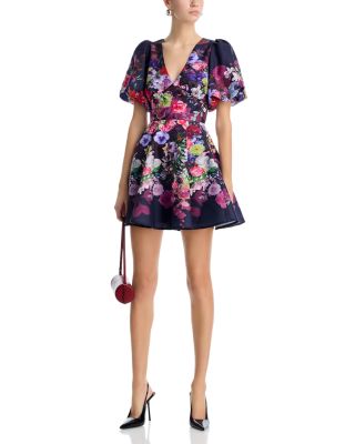 Placed Floral V Neck Mini Dress - Exclusive