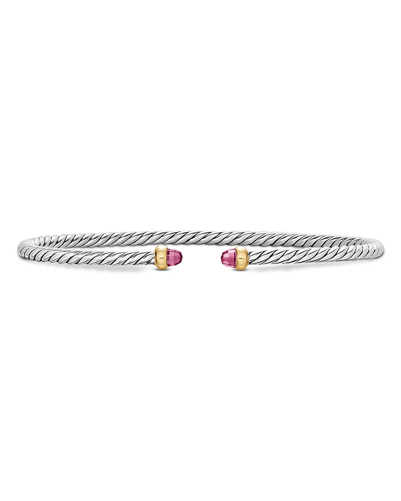 Micro Cable Flex Bracelet in Sterling Silver with 14K Yellow Gold and Pink Tourmaline, 2.6mm
