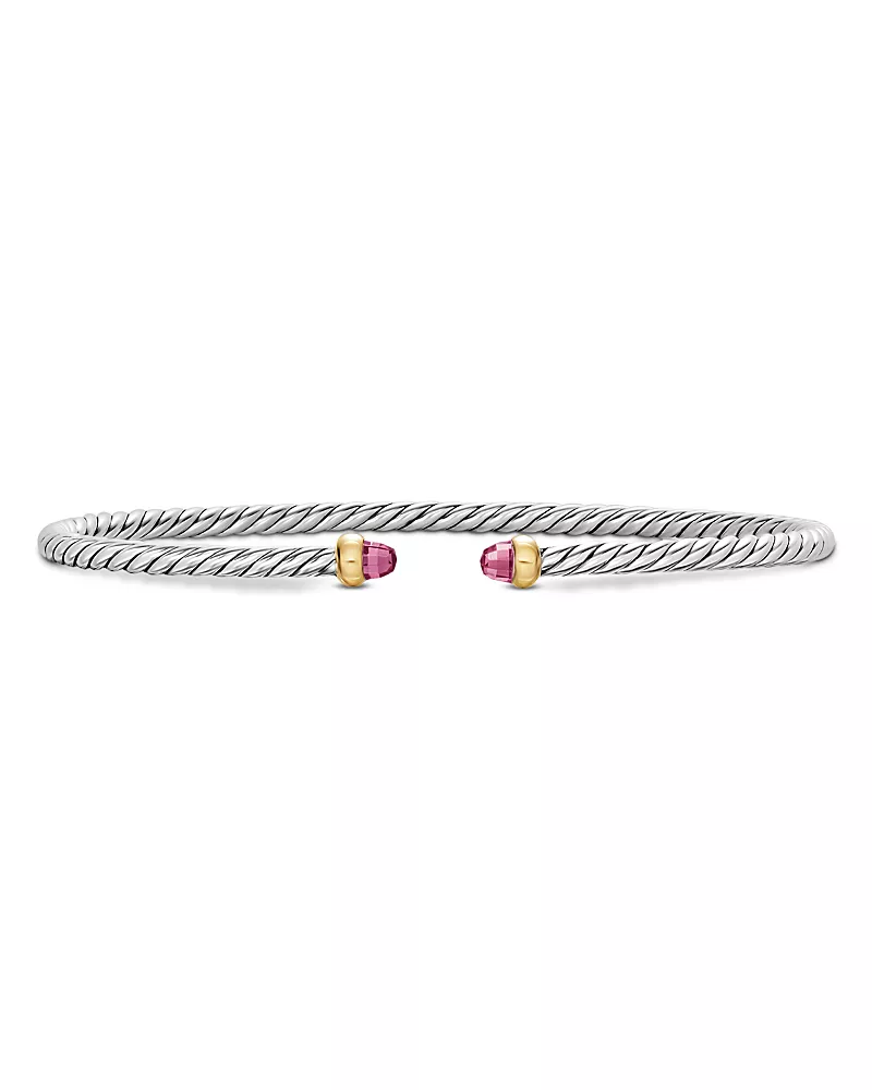 Micro Cable Flex Bracelet in Sterling Silver with 14K Yellow Gold and Pink Tourmaline, 2.6mm