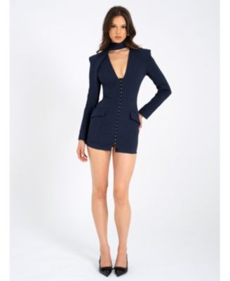  Tahlia Deep V Pinstripes Scarf Collar Blazer Dress