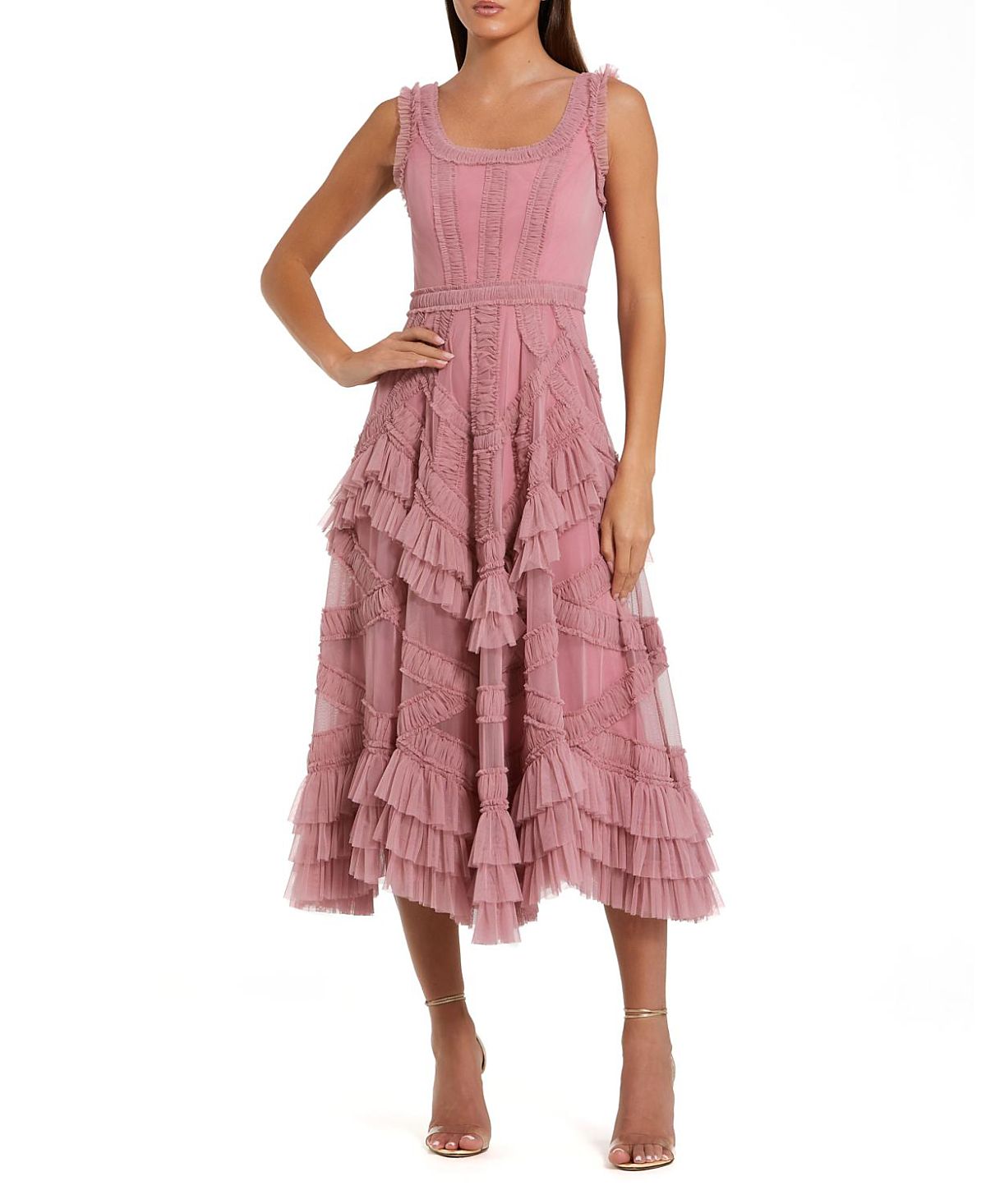 Mac Duggal Petite Scoop Neck Sleeveless Mesh Micro Ruffle Midi Dress