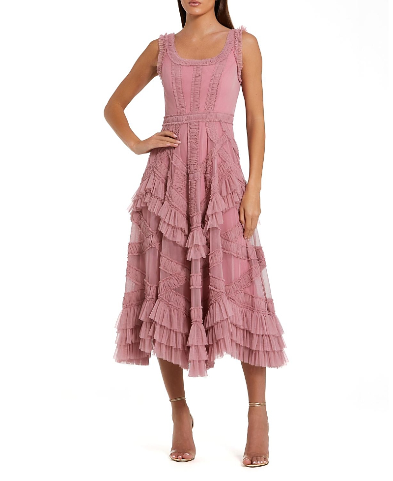 Mac Duggal Petite Scoop Neck Sleeveless Mesh Micro Ruffle Midi Dress In Pink