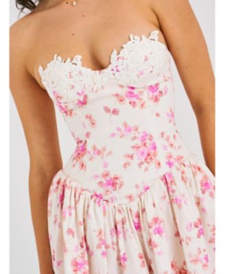  Samara Floral Drop Waist Linen Corset Puffy Mini Dress