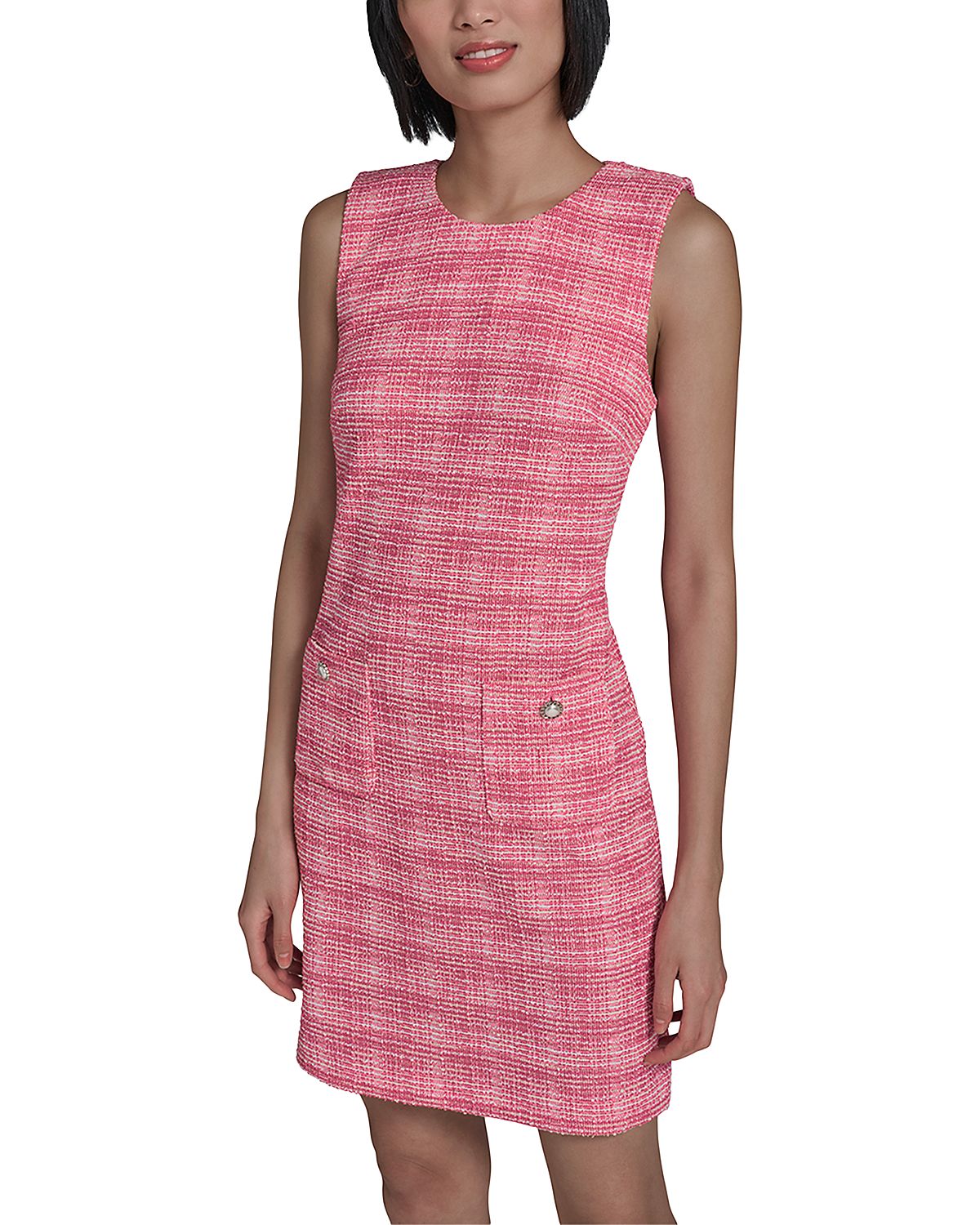 Karl Lagerfeld Paris Flower Button Sleeveless Knit Tweed Sheath Dress