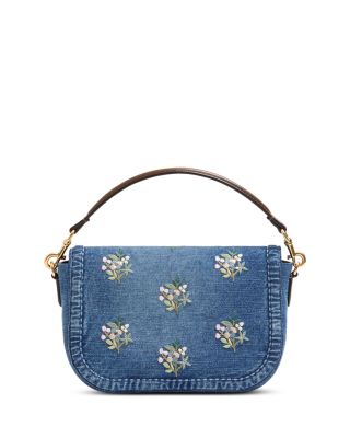 Embroidered Flower VLogo Denim Shoulder Bag