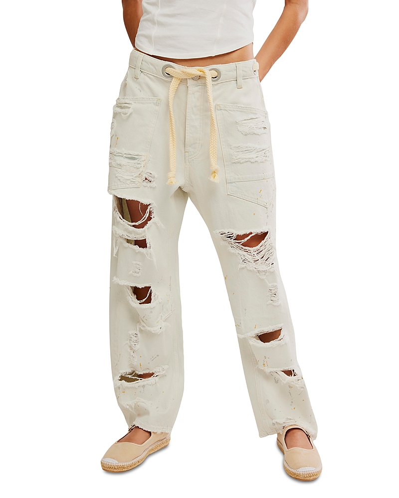 Free People We The Free Moxie Low Slung Pull On Barrel Jeans in Sea Mist