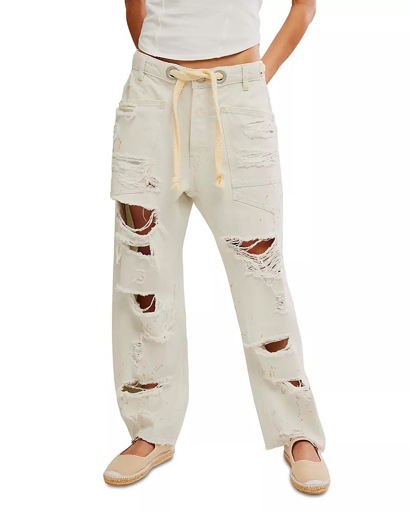 Free People We The Free Moxie Low Slung Pull On Barrel Jeans in Sea Mist