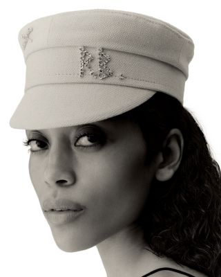 Monogram Embellished Beige Baker Boy Cap