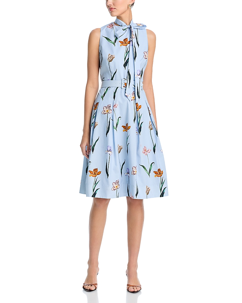Teri Jon by Rickie Freeman Cotton Print Tie Neck Dress