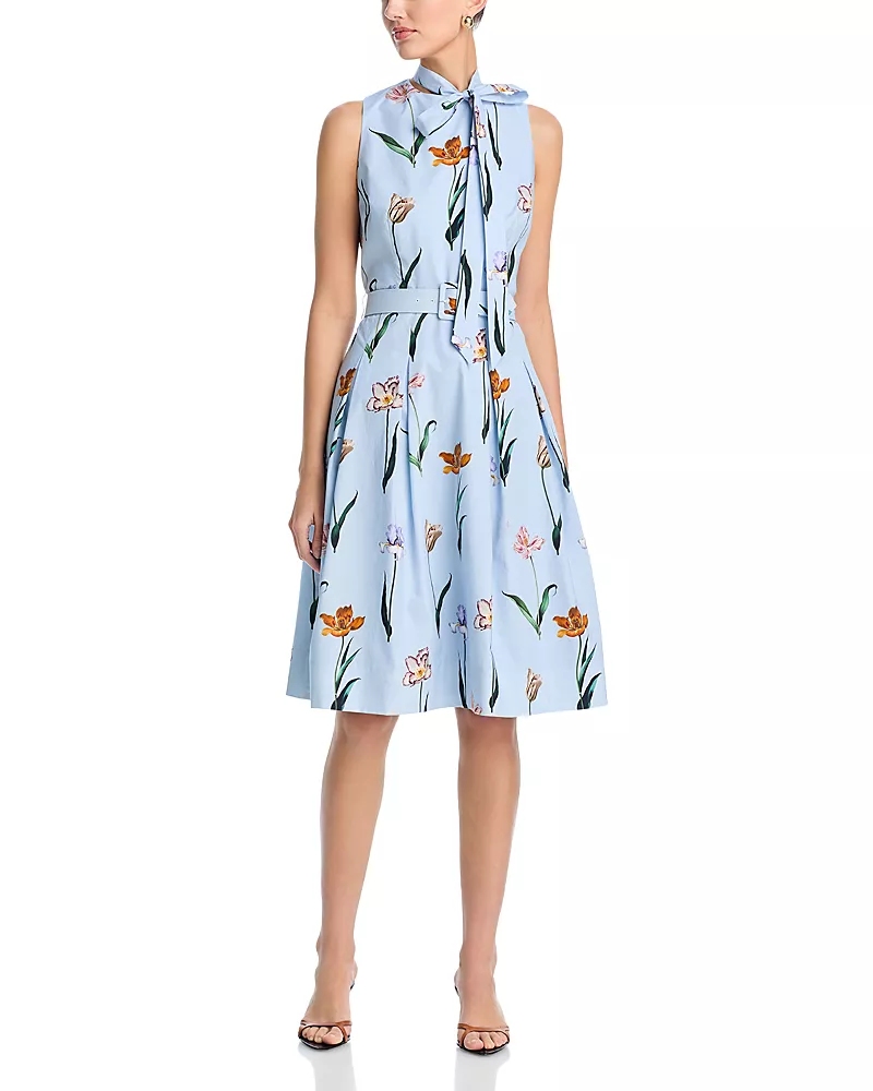 Teri Jon by Rickie Freeman Cotton Print Tie Neck Dress
