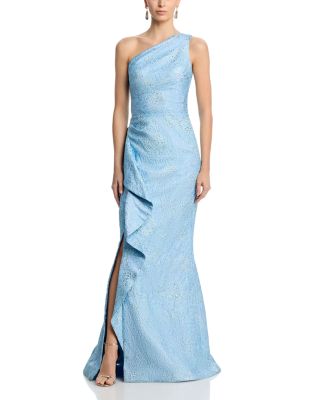 Teri Jon By Rickie Freeman Metallic Jacquard One-Shoulder Gown